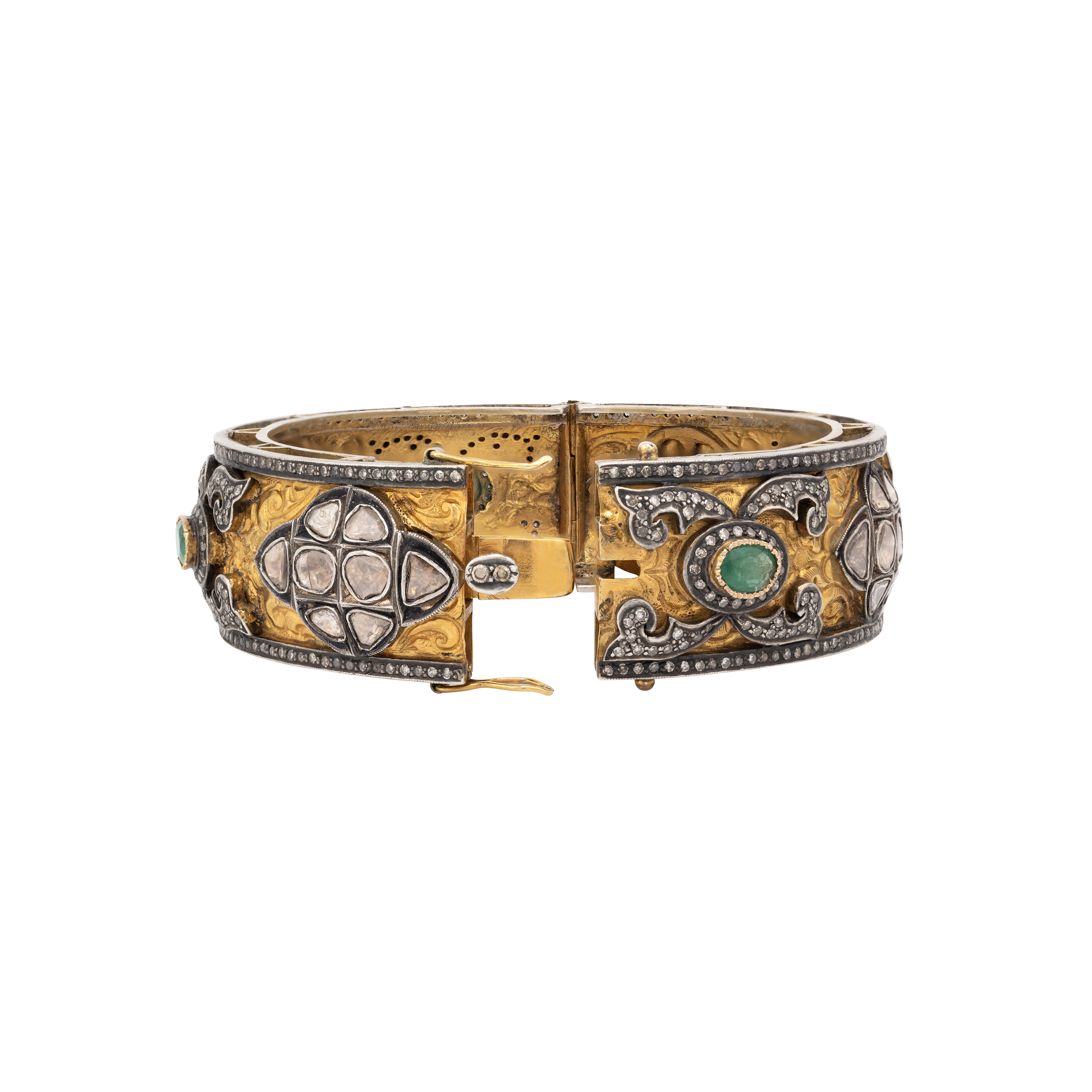 Antique Gold Engraved Bangle with Emeralds and Polkis